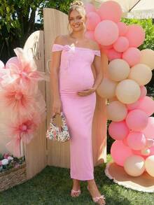 Loomaby Pregnant Women's Floral Contrast Lace Off-Shoulder Fitted Elegant Pink Summer Maternity Dress For Baby Shower Gender Reveal Pregnancy Photoshoot - Pink - View 6