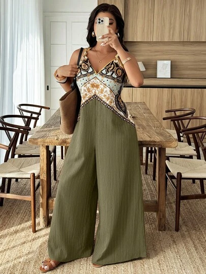 Weeklong Paisley Bohemian Print Paneled Sleeveless Jumpsuit - Retro Vacation & Daily Casual, Fashionable Plus Size, Women's Spring & Summer New Style