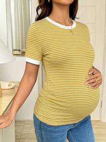 SHEIN Áo thun bầu tay ngắn cổ tròn kẻ sọc dáng ôm thoải mái - Màu vàng - Xem 3