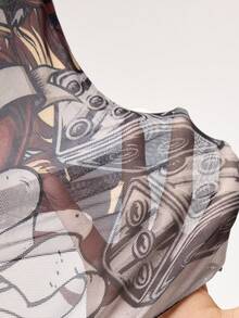 ROMWE Avant Spring/Summer Plus Size Retro Heart Rose Skull Flame Floral Print Mesh Tank Top - Multicolor - View 8