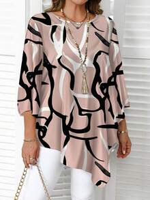 EMERY ROSE Plus Size Casual Asymmetric Hem Allover Print Shirt - Pink - View 3