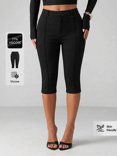 Ontre Women's Shorts, Capri Pants, Black Skinny Shorts, Comfortable Soft Woven Fabric, Fitted Silhouette, Modern Urban Fashion, Business Casual Office Wear, Metal Ring Decor, Understated Elegant Style, High-Quality Urban Commuter Airport Cruise Wear, Wedding Guest Attire, Minimalist Luxurious Feel, Versatile Seasonal Vacation Holiday Office Pants For Women Black Capri Pant Long Shorts For Women Womens Capris Pants For Women Work Crop Pants