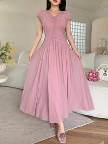 Feyla Đầm dự tiệc nghỉ dưỡng kiểu Pháp cổ điển sang trọng, xếp ly, cổ chữ V, thắt eo, hàng mới về. - Bụi hồng - Xem 3