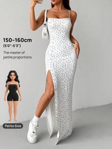 SHEIN PETITE 白色碎花高開衩長版細肩帶洋裝，適合嬌小女性 - 白色 - 查看 9