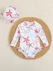SHEIN Baby Girl Starfish Print Long Sleeve Zipper Front One-Piece Swimsuit With Matching Hat,High-Stretch Sun Protection Swimwear For Holiday Beach Vacation - Multicolor - View 3