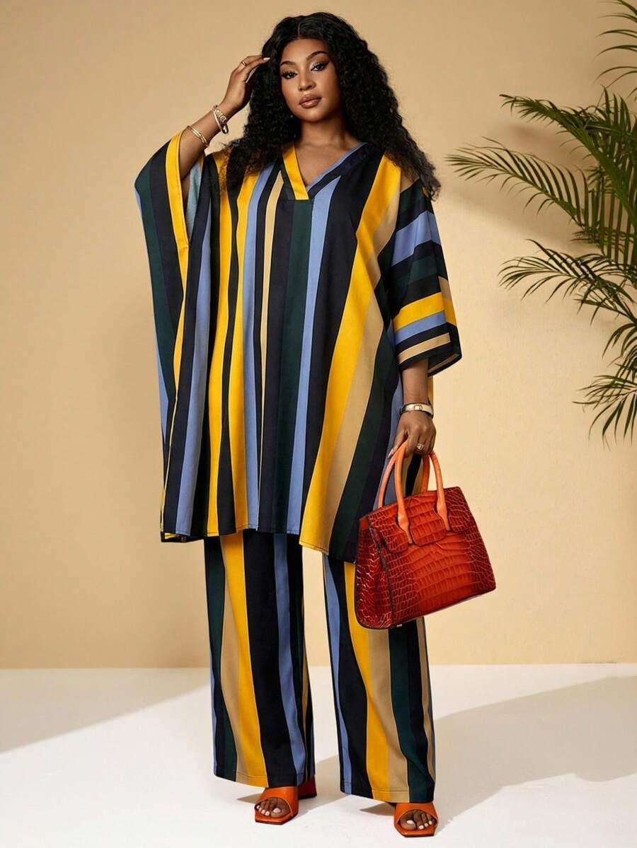 Plus Size V-Neck Batwing Sleeve Striped Loose 2 Pieces Set,Summer/Spring/Vacation - Multicolor - View 1