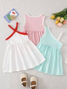 SHEIN Playful Pals 3pcs/Set Gaun Tanpa Lengan Warna Dopamin Modis untuk Bayi Perempuan, Cocok untuk Aktivitas Luar Ruangan Musim Panas - MultiWarna - View 2