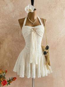 Elamini Damen Frühling/Sommer Lässig modische Alltagskleidung vielseitig einsetzbar Party Strukturstoff Metall Seestern Träger Schleife Mini Kleid, Apricot - Beige - Übersicht 1