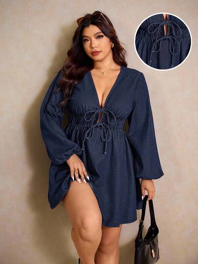 Elaquor Plus Size Solid Color Minimalist Daily Wear Deep V-Neck Tie-Up Long Sleeve Denim Dress