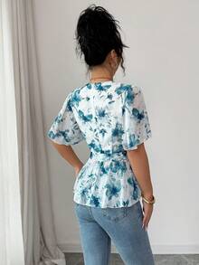 SHEIN Raffinéa Women's Fashion Printed V-Neck Ruffle Hem Cinched Waist Chiffon Blouse - Blue - View 2