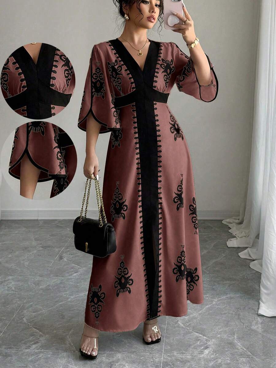 Rafferiza 女士拼接长袖印花休闲长裙，优雅女士裹身连衣裙，女士正式礼服，复古连衣裙，最新款连衣裙 - 深棕色 - 查看 1