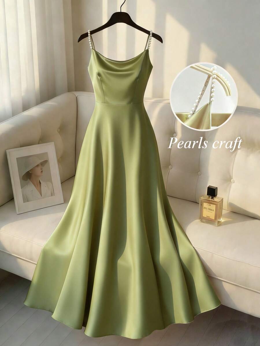 SHEIN Franclia Đầm slip satin bóng mượt đính ngọc trai thanh lịch dành cho nữ, thích hợp cho đi làm, dự tiệc và các sự kiện. - màu xanh lá - Xem 1