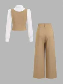 Sweetra 秋冬休闲通勤长袖系领撞色衬衫+阔腿长裤两件套，学院风女装 - 卡其色 - 查看 2