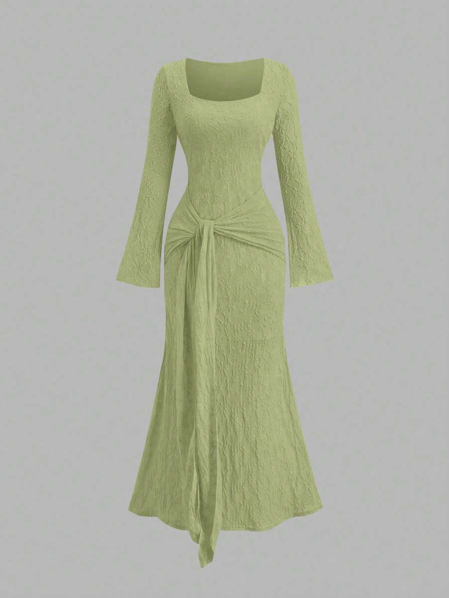 Sweetra Solid Color Square Neck Long Sleeve Dress, New Spring/Autumn Sexy Lace-Up Dress - Green - View 1