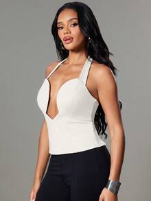 Hauture Top halter con escote corazón y recortes, sexy y casual para la oficina - Blanco - Ver 4