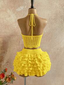 Soleia Bộ đồ hai mảnh lãng mạn dành cho nữ, gồm áo hai dây cổ yếm buộc dây và chân váy mini xếp tầng, thích hợp cho bãi biển, bờ biển, gợi cảm, hẹn hò, kỳ nghỉ biển. - Màu vàng - Xem 2