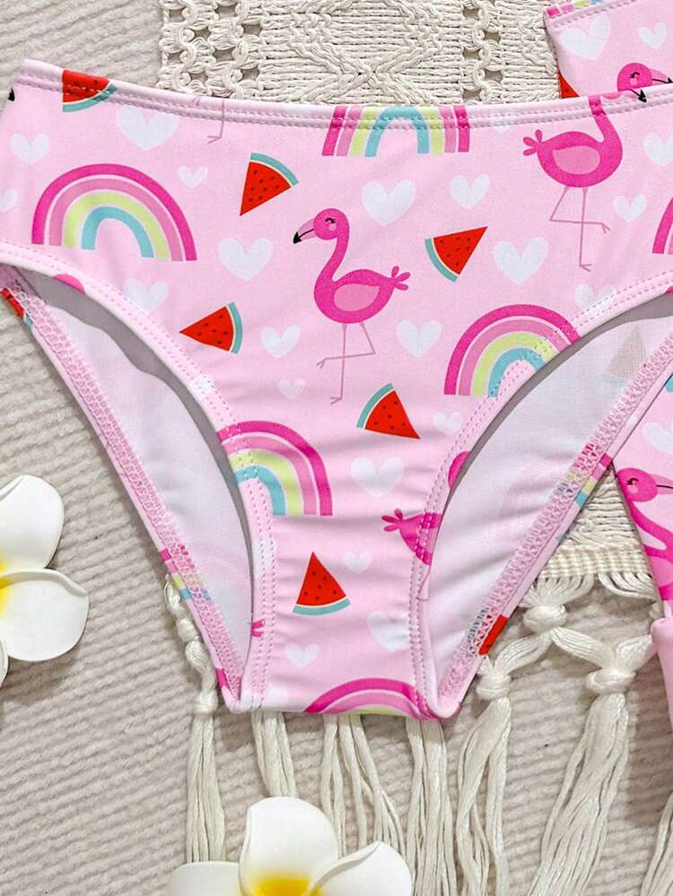 Bộ 3 món áo tắm liền thân cho bé gái, kiểu dáng thường ngày dễ thương in hình chim hồng hạc, chất liệu vải dệt kim, thời trang thanh lịch, nữ tính, thích hợp cho bơi lội, bãi biển, hồ bơi, chụp ảnh, quà tặng cho kỳ nghỉ hè, Giáng sinh, Năm mới, Lễ Tạ ơn, Halloween, Ngày Cá tháng Tư. - Hồng - Xem 4