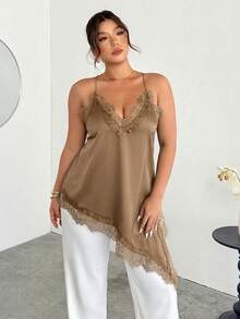 Firerie Áo hai dây cỡ lớn, thanh lịch, gợi cảm, màu trơn, viền ren, vạt bất đối xứng. - Màu Khaki - Xem 2