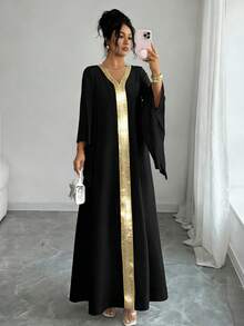 Elenzga Elegantes Damen Patchwork Schleifenkleid mit V-Ausschnitt und weitem Schnitt - Schwarz - Übersicht 4