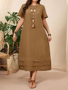 EMERY ROSE Plus Size Solid Color Short Sleeve Casual Vacation Dress Spring Outfits For Women Vacation Country Sage Green - Mocha Brown - View 5