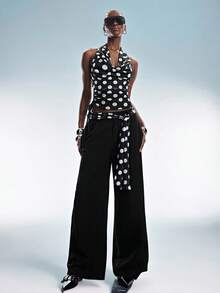 Aveloria GENKIRA European And American Style Spring/Summer New Fashion Versatile Black & White Contrast Polka Dot Print Mesh Draped Neck Top Paired With Polka Dot Wrap Tie Waist Loose Long Pants Casual Street Style Women 2-Piece Set - Multicolor - View 3