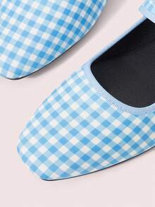CUCCOO DOLLMOD Ladies Blue And White Plaid Splicing French Retro Square Toe Elegant Word-For-Word Bag Buckle Simple Design Mary Jane Flat Shoes Suitable For All Seasons Holiday Birthday Party Low Vamp Shoes - Blue and white plaid - View 5