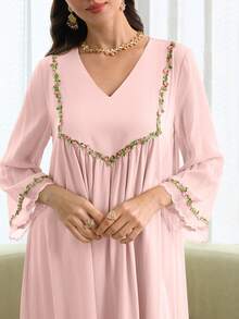 Al Najma V-Neck Flare Sleeve Robe, Romantic Style For Spring/Summer - Pink - View 4