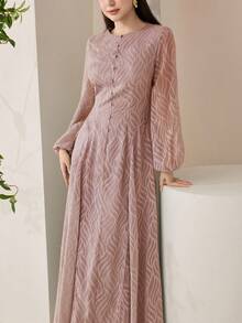 Veilorie Women's Elegant Contrast Lace Lantern Sleeve Waist Cinched Dress, Suitable For Spring And Autumn - Dusty Pink - View 7