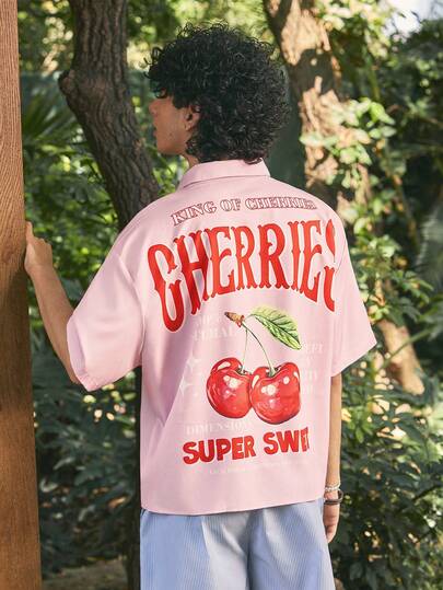 Open Phase 男士短袖后背樱桃字母图案休闲夏季衬衫男樱桃衬衫