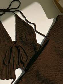 Elamini Textured Fabric Pleated Halter Top And Wide Leg Pants Set - Brown - View 3