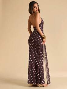 SHEIN BAE Đầm đuôi cá cổ yếm cổ chữ V sâu chấm bi dành cho nữ, đầm chấm bi, đầm thanh lịch, đầm đi nghỉ mát, đầm xuân/hè. - màu nâu - Xem 2