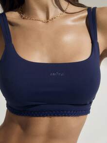Aralina Áo croptop hai dây cổ vuông, cạp cao, viền ren, ôm sát cơ thể, bộ đồ tập thể dục mùa hè cho nữ, quần legging tập gym. - Màu xanh hải quân - Xem 7