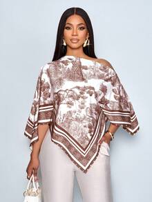 SOLERSUN 女士秋冬休闲优雅杏色印花不对称领长袖不对称下摆衬衫斜肩开衩袖宽松时尚衬衫复古日落假日印花蝙蝠袖上衣新款百搭，适合秋季穿搭、冬季服装、日常通勤、外出穿着 - 棕色 - 查看 3