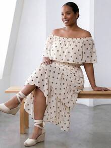 Rochie midi elegantă ELLERISSA Curve cu mai multe straturi, în nuanțe de buline bej, cu umerii goi și volane, rochie casual, ținute de vară, rochie de petrecere, rochii mărime mare pentru femei, ținute de vacanță, ținute de birou, rochie midi cu straturi, rochie pentru invitați la nuntă, rochie vintage retro - Multicolor - Vizualizare 1