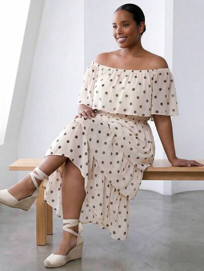  ELLERISSA Plus Size Sukienka na Imprezę Damska, Sukienka Bardot z odsłoniętymi ramionami i siateczką w groszki, Warstwowe warstwy w eleganckim stylu, Formalna sukienka na randkę w Walentynki, Sukienka na wakacje dla kobiet, Delikatna morelowa sukienka maxi z wysokim stanem na wiosnę i lato