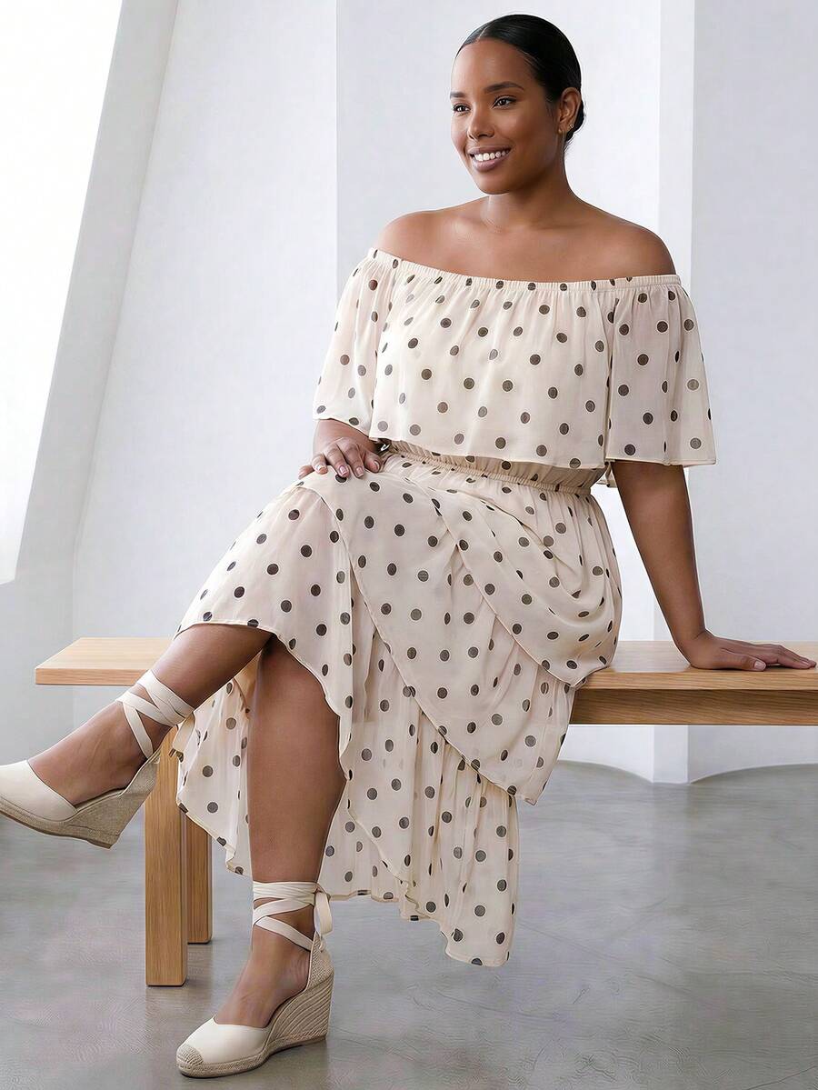 Rochie midi elegantă ELLERISSA Curve cu mai multe straturi, în nuanțe de buline bej, cu umerii goi și volane, rochie casual, ținute de vară, rochie de petrecere, rochii mărime mare pentru femei, ținute de vacanță, ținute de birou, rochie midi cu straturi, rochie pentru invitați la nuntă, rochie vintage retro - Multicolor - Vizualizare 1