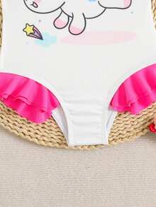 Girls' One-Piece Swimsuit, Cute Cartoon Digital Print, Matching Family Beach Vacation - White - View 4