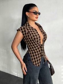 SHEIN SXY Camisa de cuello bajo y cintura con estampado de cuadros de moda y sexy para el verano - Marrón - Ver 5