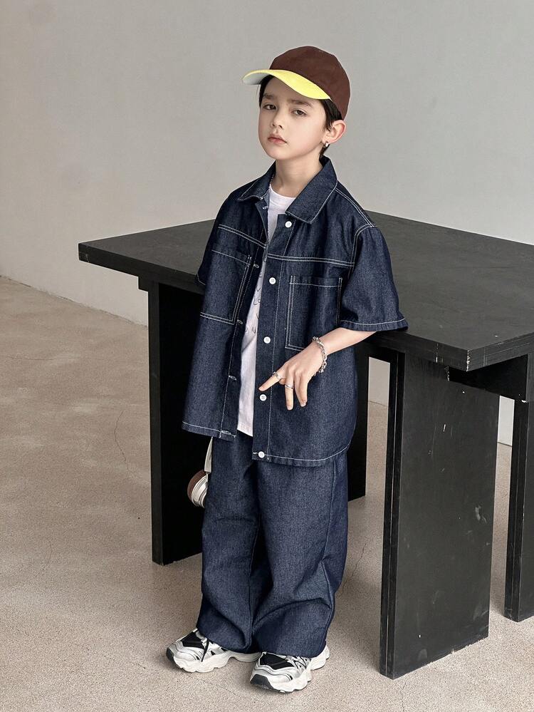 Tween Boy Single-Breasted Short Sleeve Top And Long Pants Casual Denim Outfit Summer