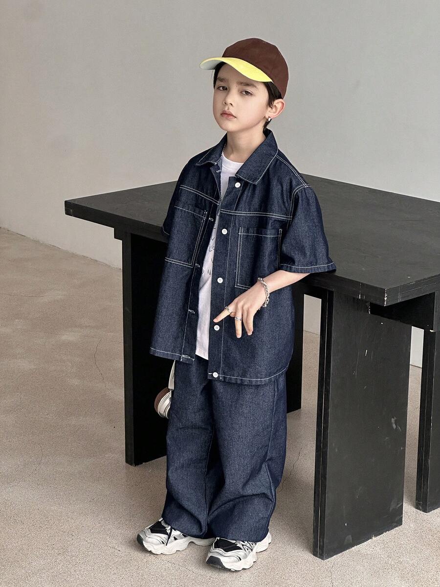 DAZY Tween Boy Single-Breasted Short Sleeve Top And Long Pants Casual Denim Outfit - Blue - View 1