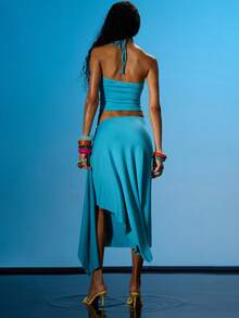 MUSERA Strappy Slinky Scoop Neck Cami Top With Low Rise Drape Detail Slinky Maxi Skirt Coord Set Sold Together Summer Sexy Going Out Beach Holiday Ibiza Club Tropical Fever - Teal Blue - View 4