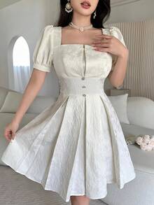 Feyla 女士提花方领花瓣袖优雅短裙 - 杏色 - 查看 6