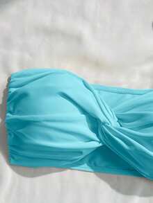 Swim Basics Solid Color Twist Front Bandeau Swimwear Top - Baby Blue - View 4