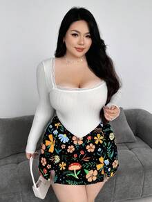 Sweetra Váy quần cỡ lớn dành cho nữ, kiểu dáng họa tiết nấm, xẻ tà phía trước, cạp chữ V. - Nhiều màu - Xem 6