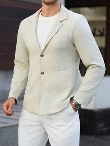 Manfinity Mode Áo blazer nam màu trơn, chất liệu vải giả lanh, thích hợp mặc hàng ngày đi làm, cũng là món quà lý tưởng cho bạn trai hoặc chồng, áo blazer thời trang nam, áo blazer nam thường ngày. - Màu be - Xem 4