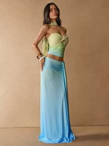 SHEIN BAE 两件套女士休闲度假套装，蓝绿色渐变抹胸上衣搭配长裙，适合海滩度假、姐妹休闲度假，蓝绿色渐变两件套，度假套装，海滩度假套装，休闲，度假，海滩 - 淺藍色 - 查看 4