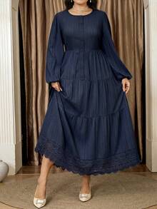 Veilorie Plus Size Elegant Commuter Solid Color Lace Patchwork Dress - Navy Blue - View 3