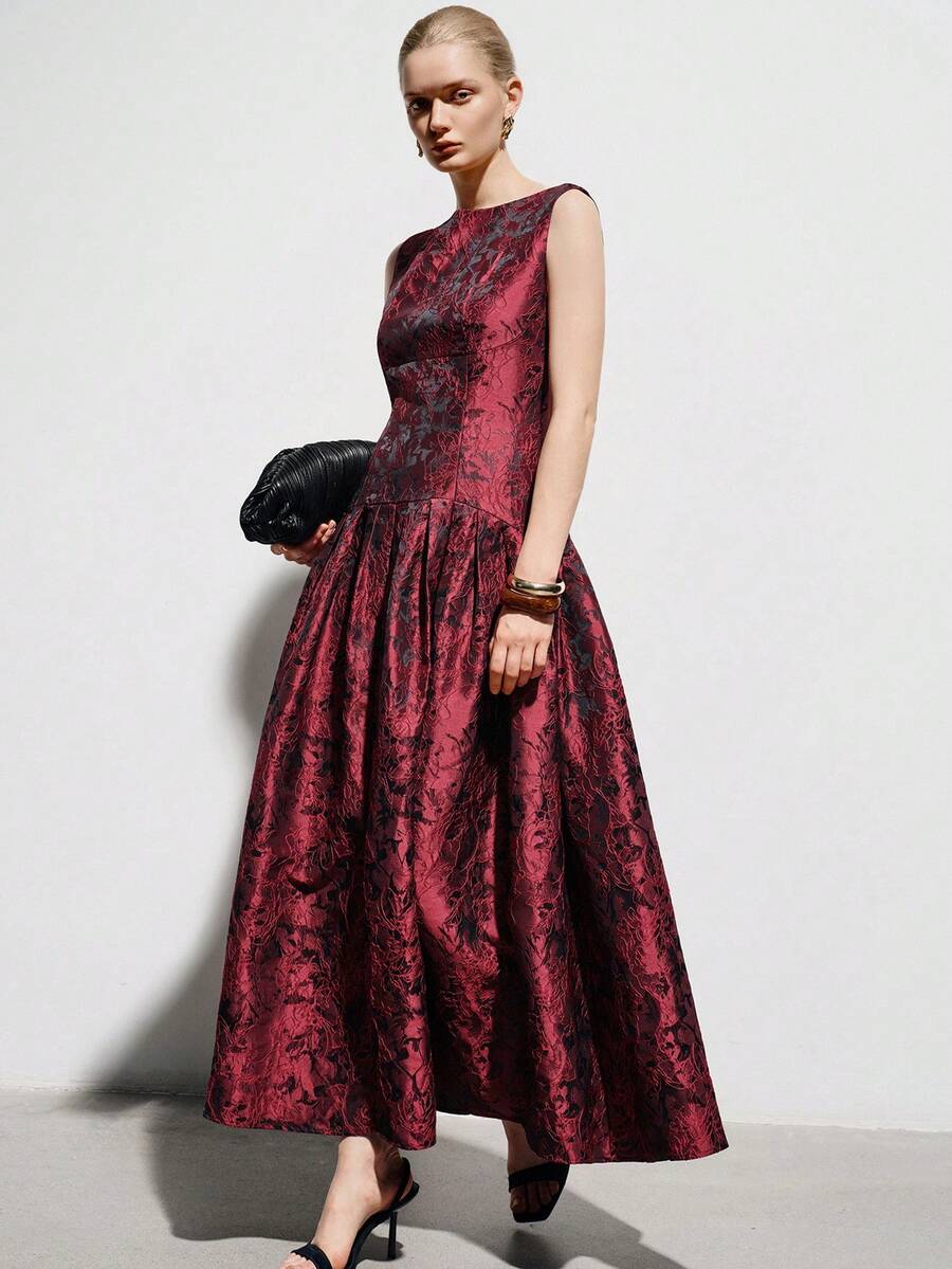 Aveloria Modichic 提花印花连衣裙，复古酒红色礼服，无袖优雅派对礼服，饰有花卉元素，适合宴会、婚礼和正式场合。 - 彩色 - 查看 1