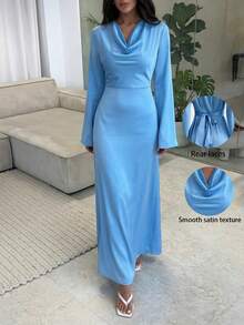 Firerie 女士蓝色喇叭袖收腰A字型长款连衣裙，后背系带，浅色长款连衣裙，喇叭袖连衣裙，婚礼晚礼服，垂褶领缎面连衣裙，优雅的女士办公休闲连衣裙，春夏秋季服装，优雅，通勤，约会，派对，婚礼季，毕业典礼，演出，音乐会，工作装，返校，年会，女士生日，节日服装 - 藍色 - 查看 2