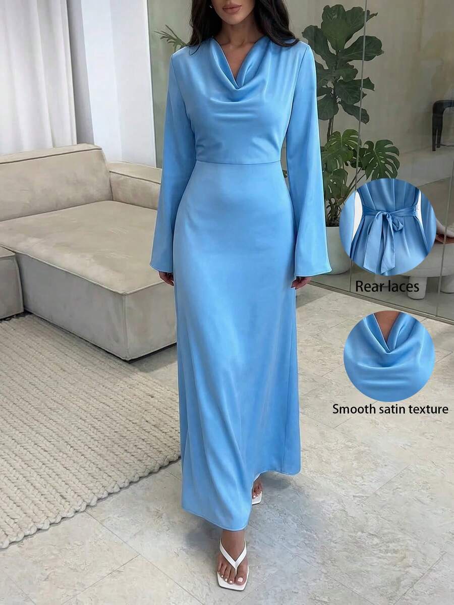 Firerie 女士蓝色喇叭袖收腰A字型长款连衣裙，后背系带，浅色长款连衣裙，喇叭袖连衣裙，婚礼晚礼服，垂褶领缎面连衣裙，优雅的女士办公休闲连衣裙，春夏秋季服装，优雅，通勤，约会，派对，婚礼季，毕业典礼，演出，音乐会，工作装，返校，年会，女士生日，节日服装